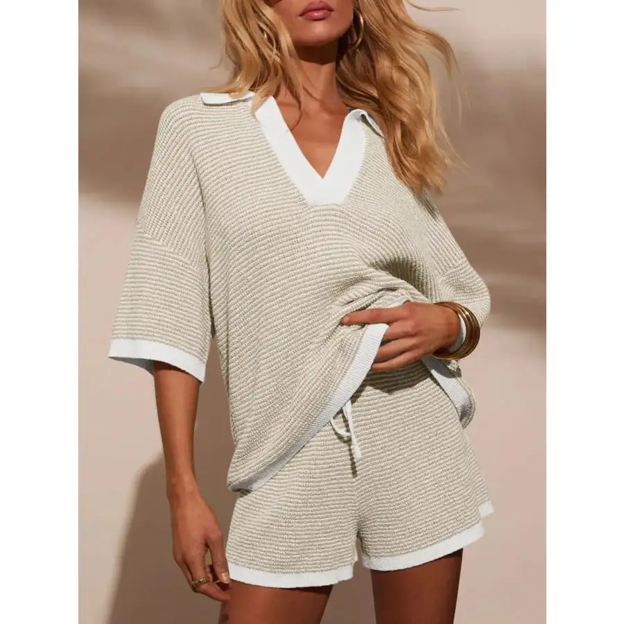 Collared Neck Contrast Striped Top and Shorts Sweater Set