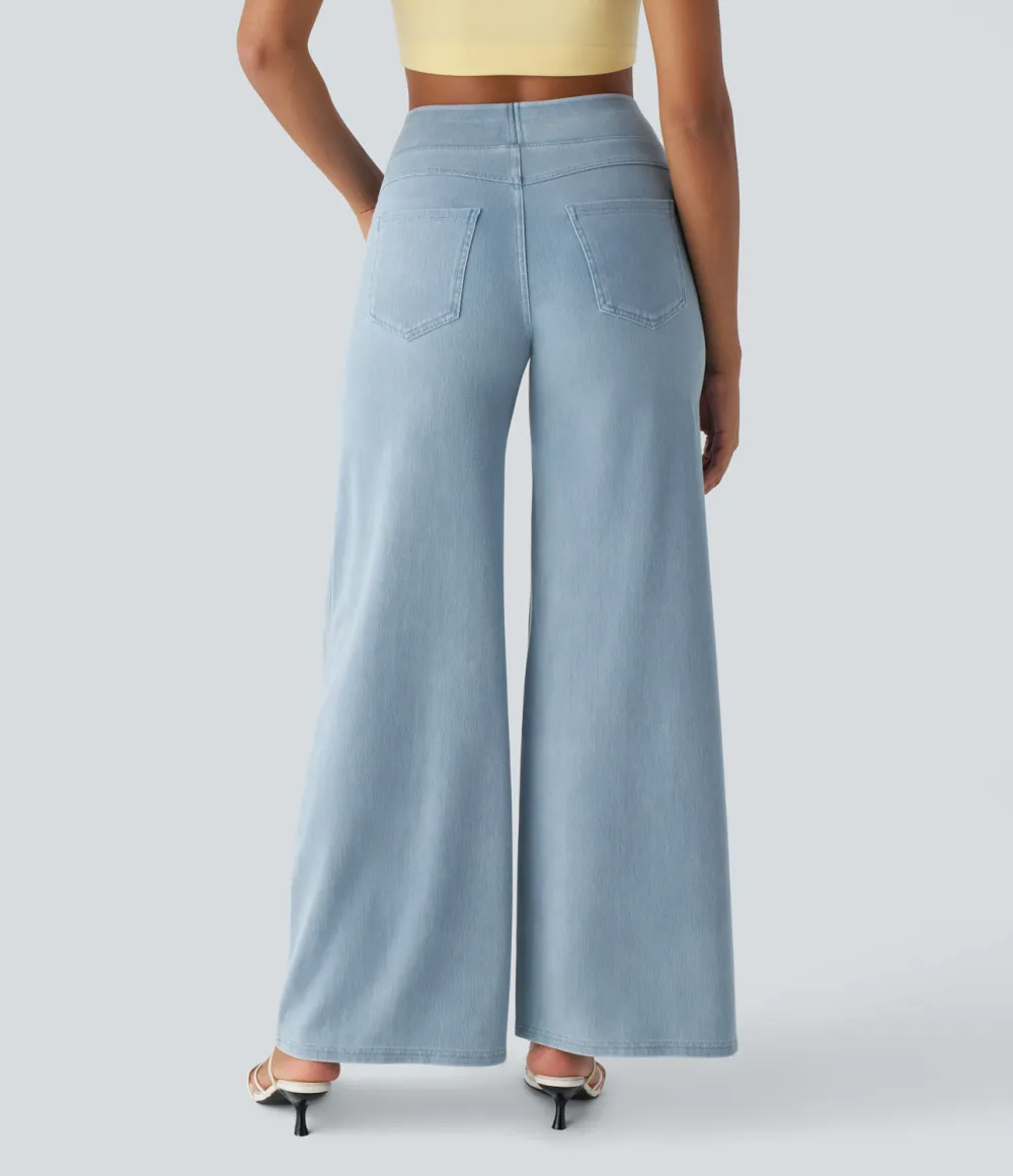 Magic High Waisted Multiple Pockets Wide Leg Loose Stretchy Knit Work Jeans