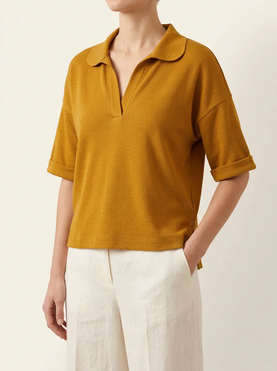 Women's Mustard Short Sleeve Polo with Open Neck Detail
