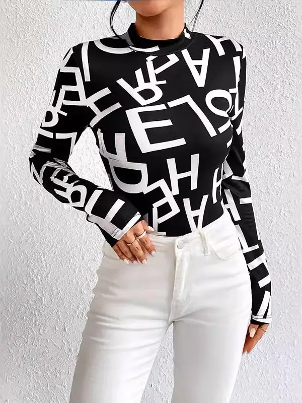 Long Sleeve Slim Fit Letter Print Panel Detail Mock Neck T-Shirt