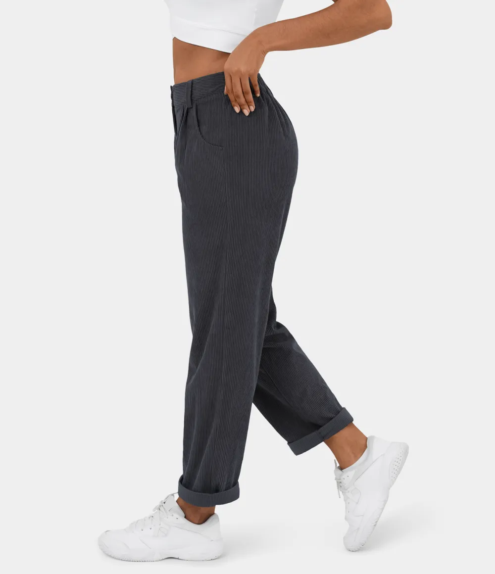 Mid Rise Button Zipper Side Pocket Corduroy Casual Pants