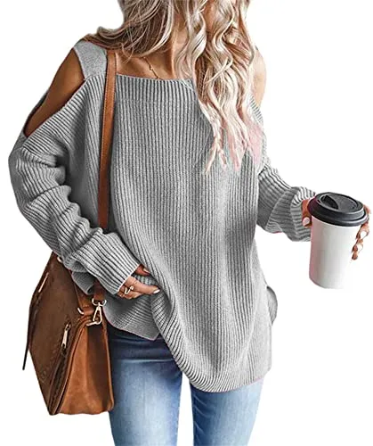 Women's Cold Shoulder Oversized Sweaters Batwing Long Sleeve Square Neck Chunky Knit Fall Tunic Sweater Tops
