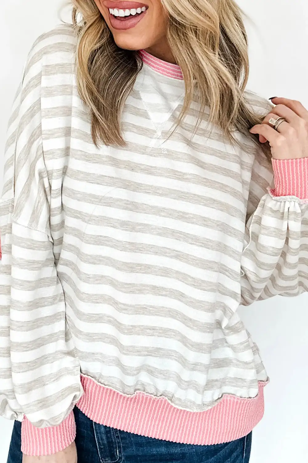 Striped Round Neck Ribbed Relaxed Stretch Fabric Long Sleeve Top