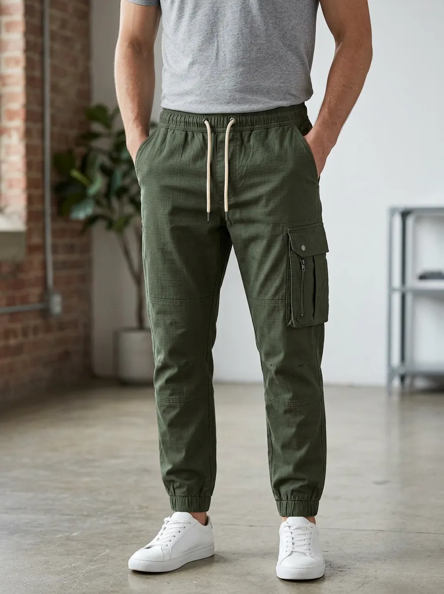 Men's Olive Green Cargo Jogger Pants with Side Pockets