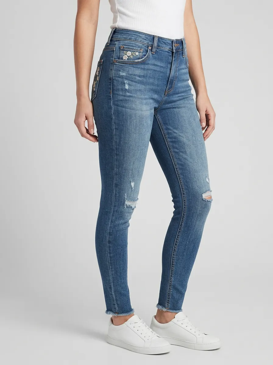 Women's Atlas Floral Embroidery Distressed Printed Slim Jeans