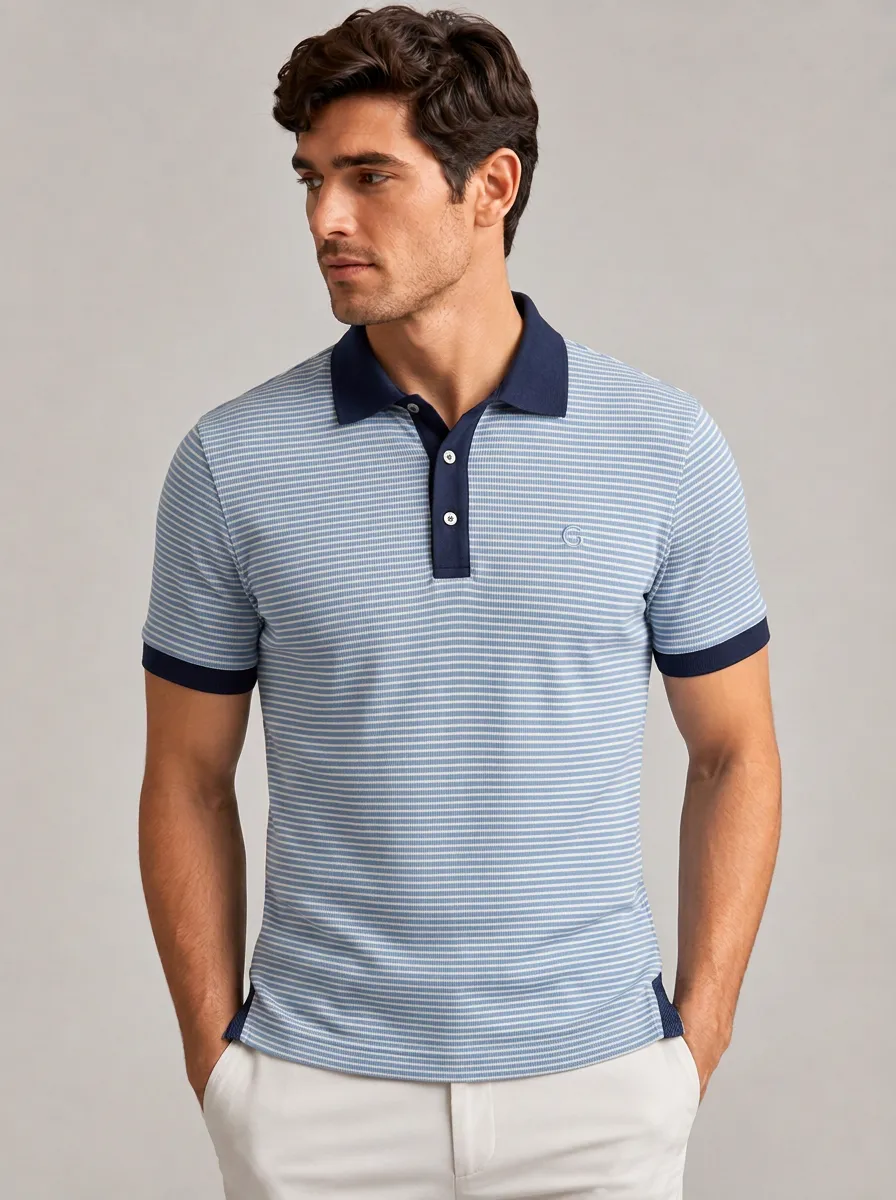 Men's Equestrian Lover Blue Striped Printed Polo Shirt