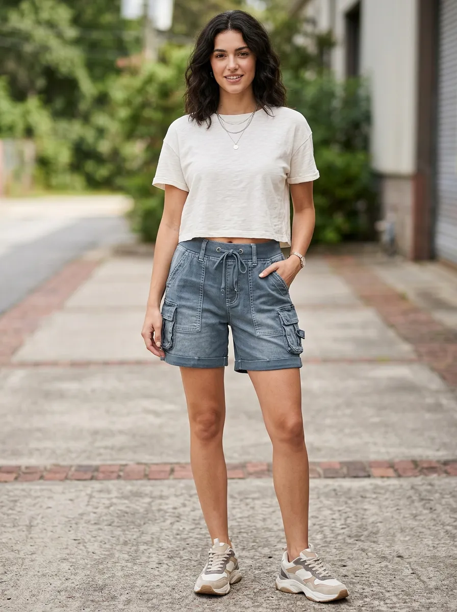 Women's Casual Daily Wear Blue Denim Cargo Shorts