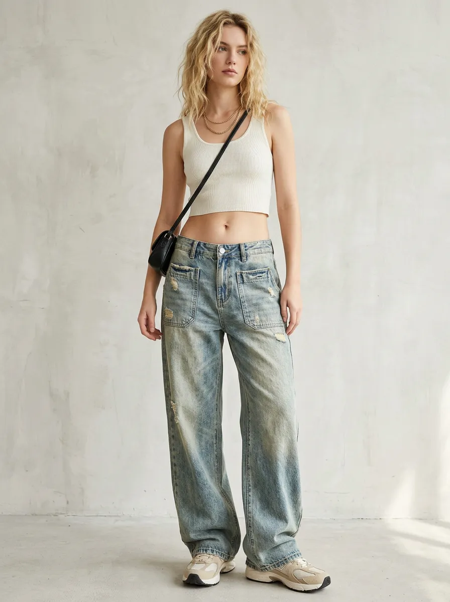 Women's Casual Distressed Wide Leg Jeans