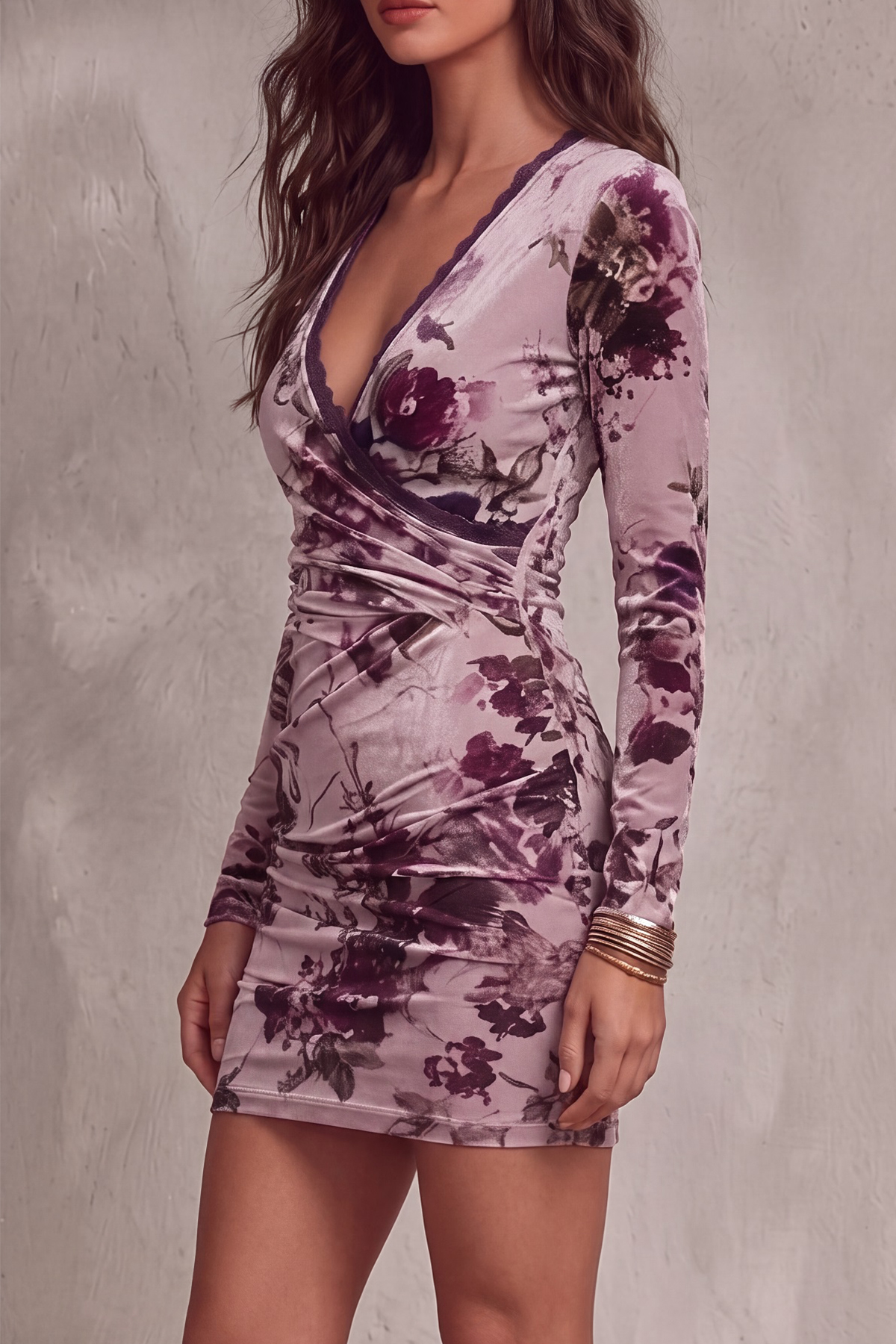 Ruched Lace Trim Lace Floral Mini Dress