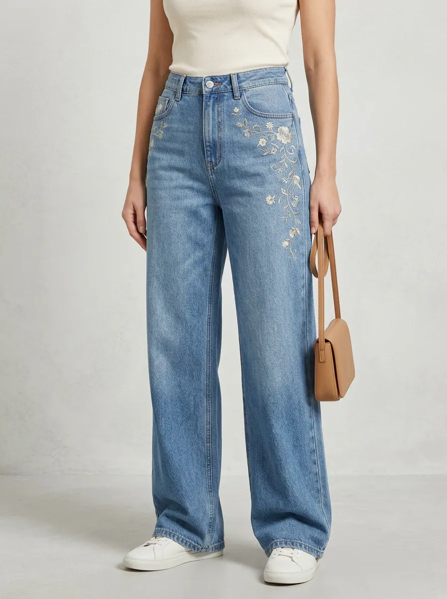 Women's Floral Embroidery Floral Vintage Wide Leg Jeans