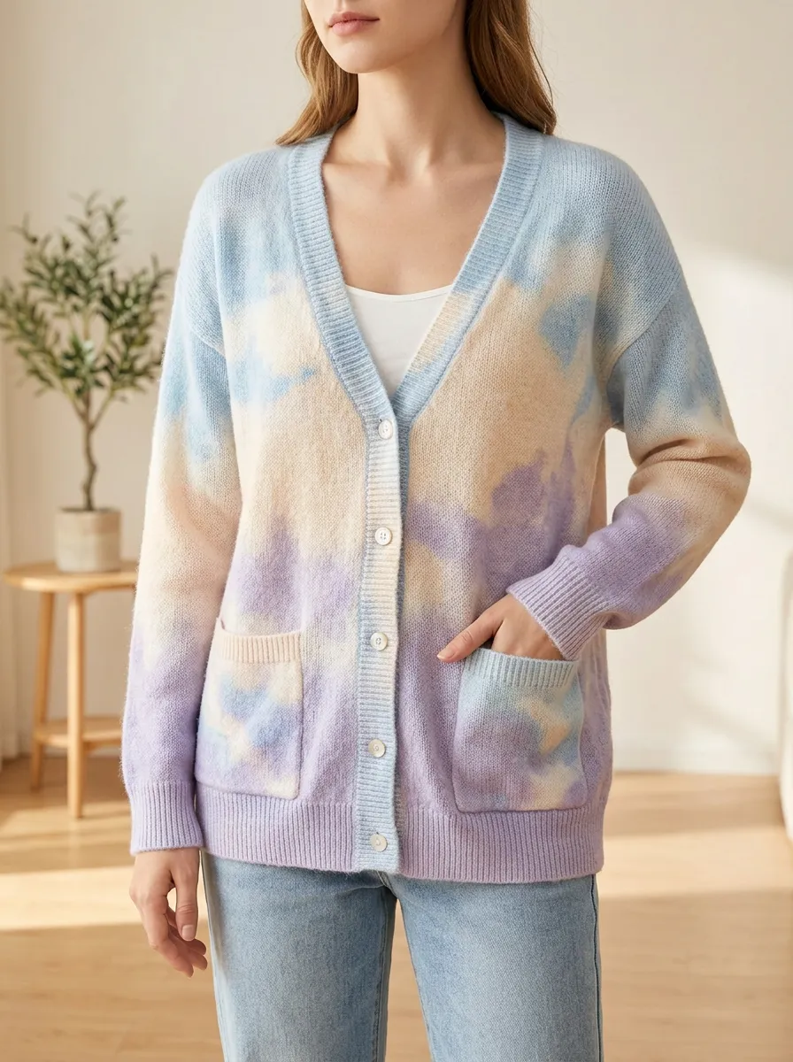 Women's Pastel Tie-Dye Pattern Printed V-Neck Modern Weekend Cardigan