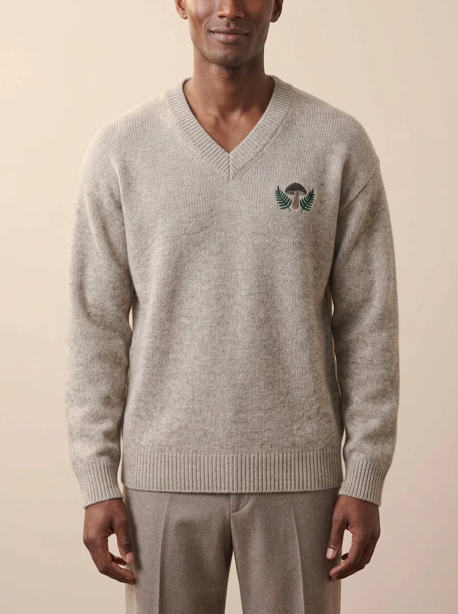 Men's Mushroom Fern Embroidered Heathered V-Neck Sweater