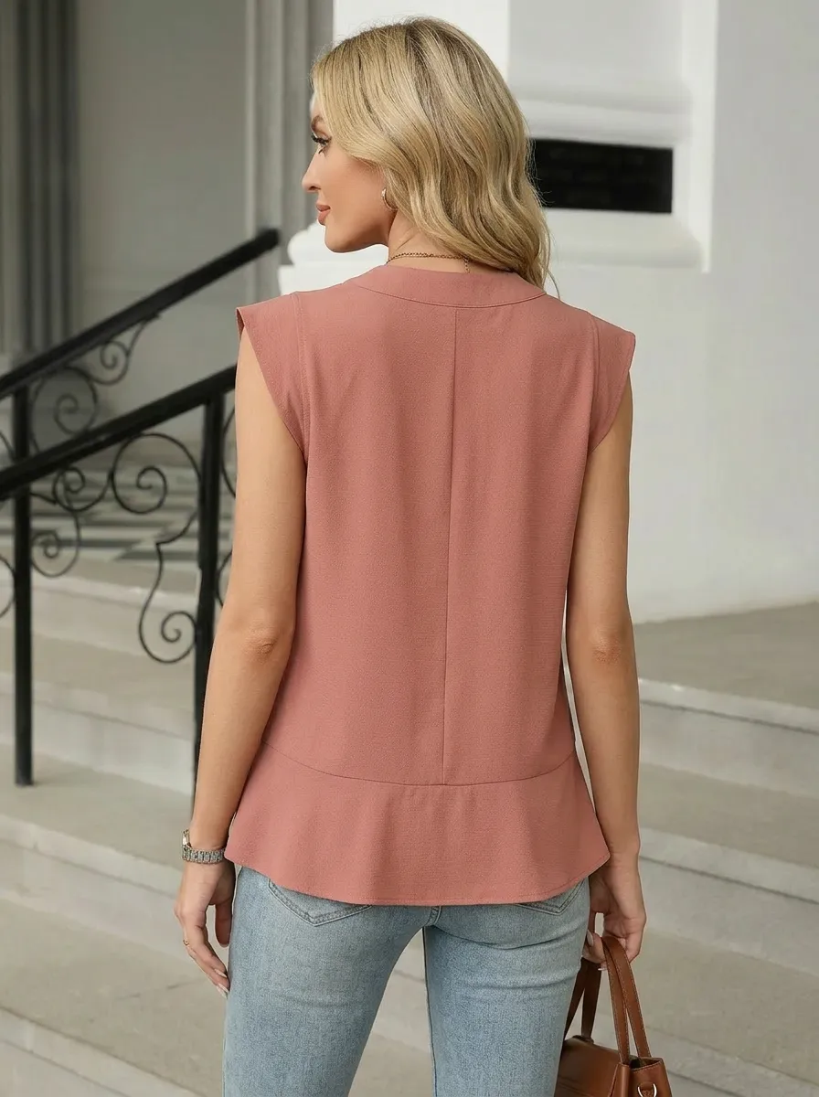 V-Neck Pleated Sleeveless Blouse