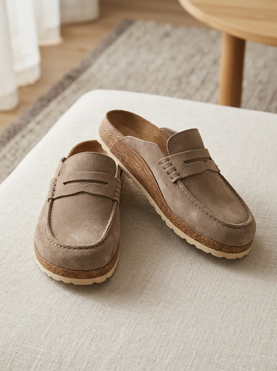 Minimalist Suede Wood Sole Slip On Loafers