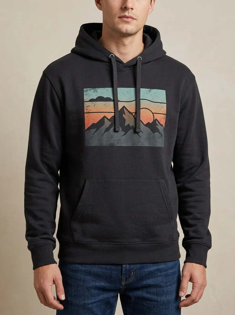 Men's Outdoor Nature Lover Retro Mountain Sunset Print Hoodie