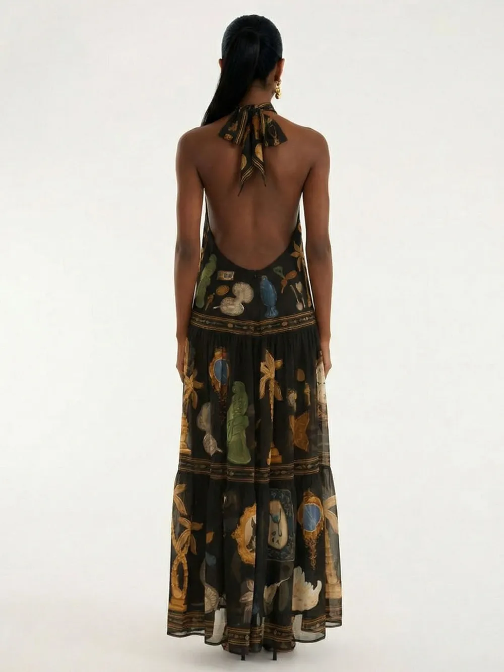 Retro Art Print Backless Maxi Dress