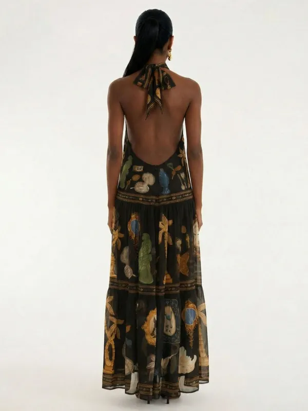 Retro Art Print Backless Maxi Dress