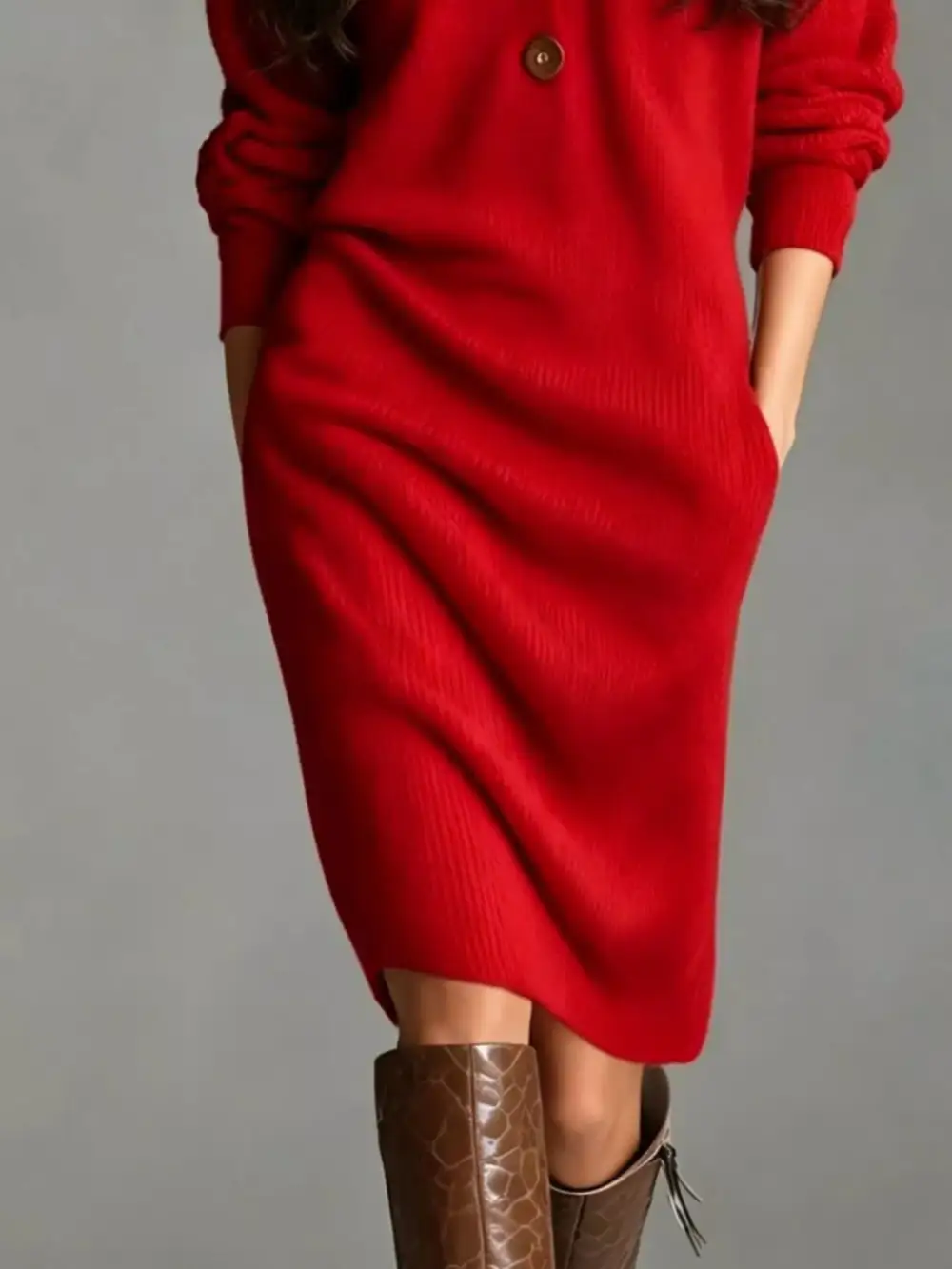 V-Neck Sweater Knit Pocketed Dress