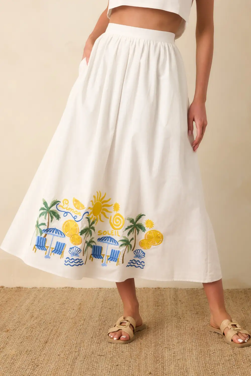 Multicolor Embroidered Cotton Blend Midi Skirt
