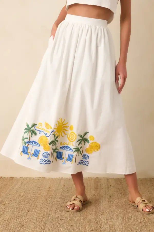 Multicolor Embroidered Cotton Blend Midi Skirt