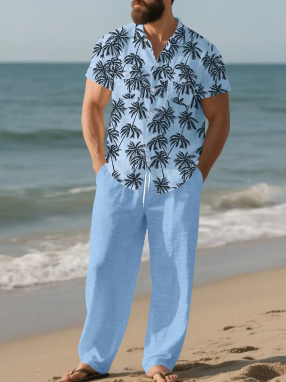 Men's Full Size Tropical Palm Print Button Up