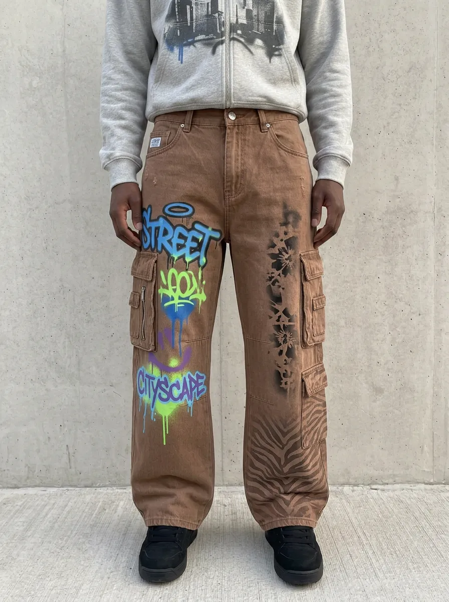 Men's Streetwear Graffiti Cityscape Zebra Graphic Cargo Jeans