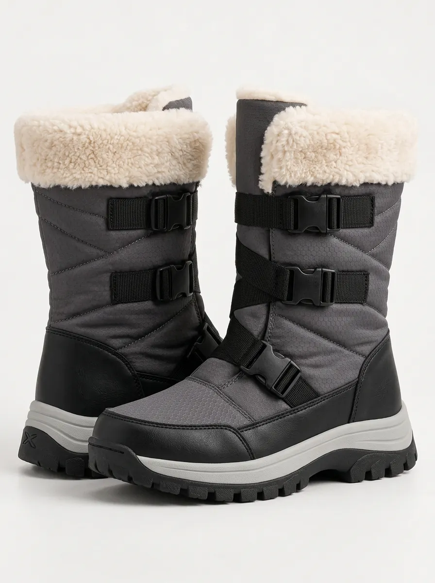 Quilt Detailed Buckle Strap Fleece Lined Winter Boots