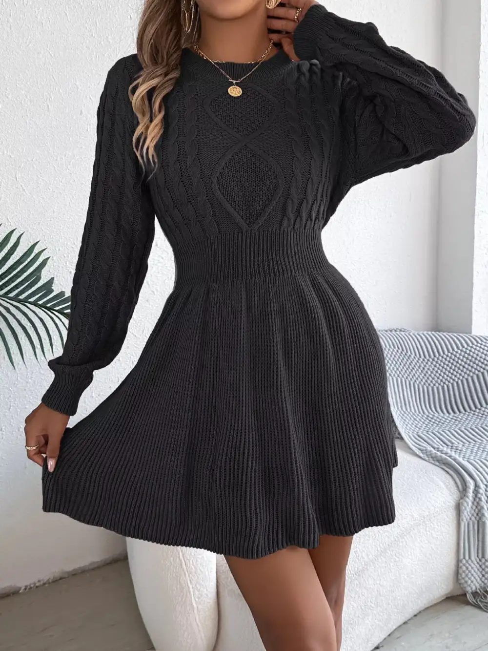 Gathered Detail Knit Long Sleeve Sweater Dress