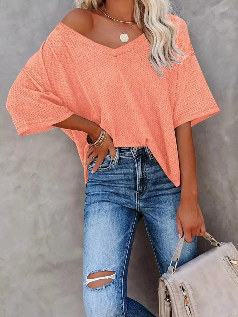 Relaxed V-Neck Short-Sleeve Knit T-Shirt
