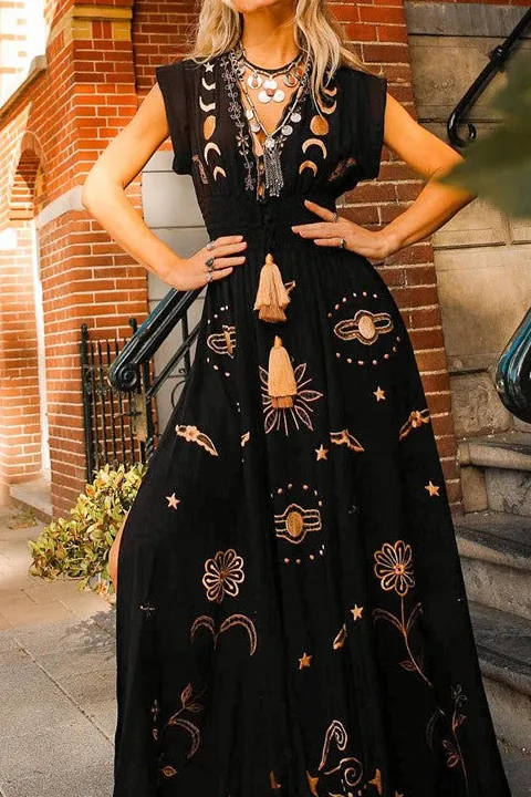 Women's Black Celestial Print Maxi Gown
