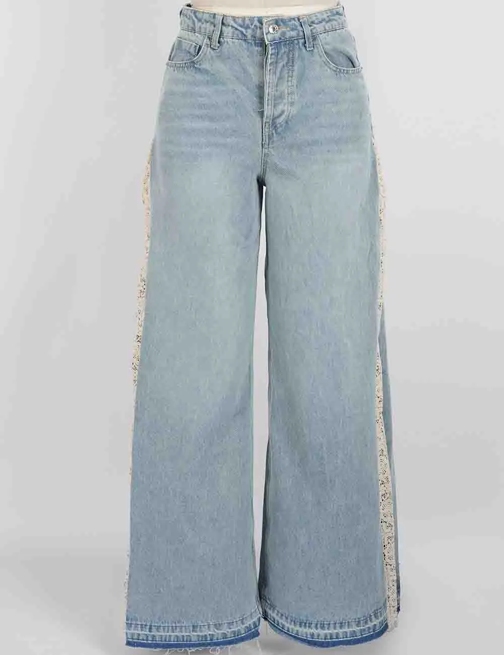 Lace Panel Washed Jeans Wide Leg Denim Pants