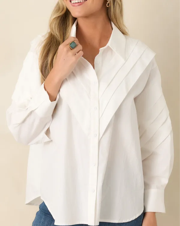 Button-Up Long-Sleeve Pleated-Shoulder Cotton Blouse