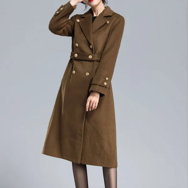 Wool Tailored Double Breasted Belted Pocketed Midi Coat