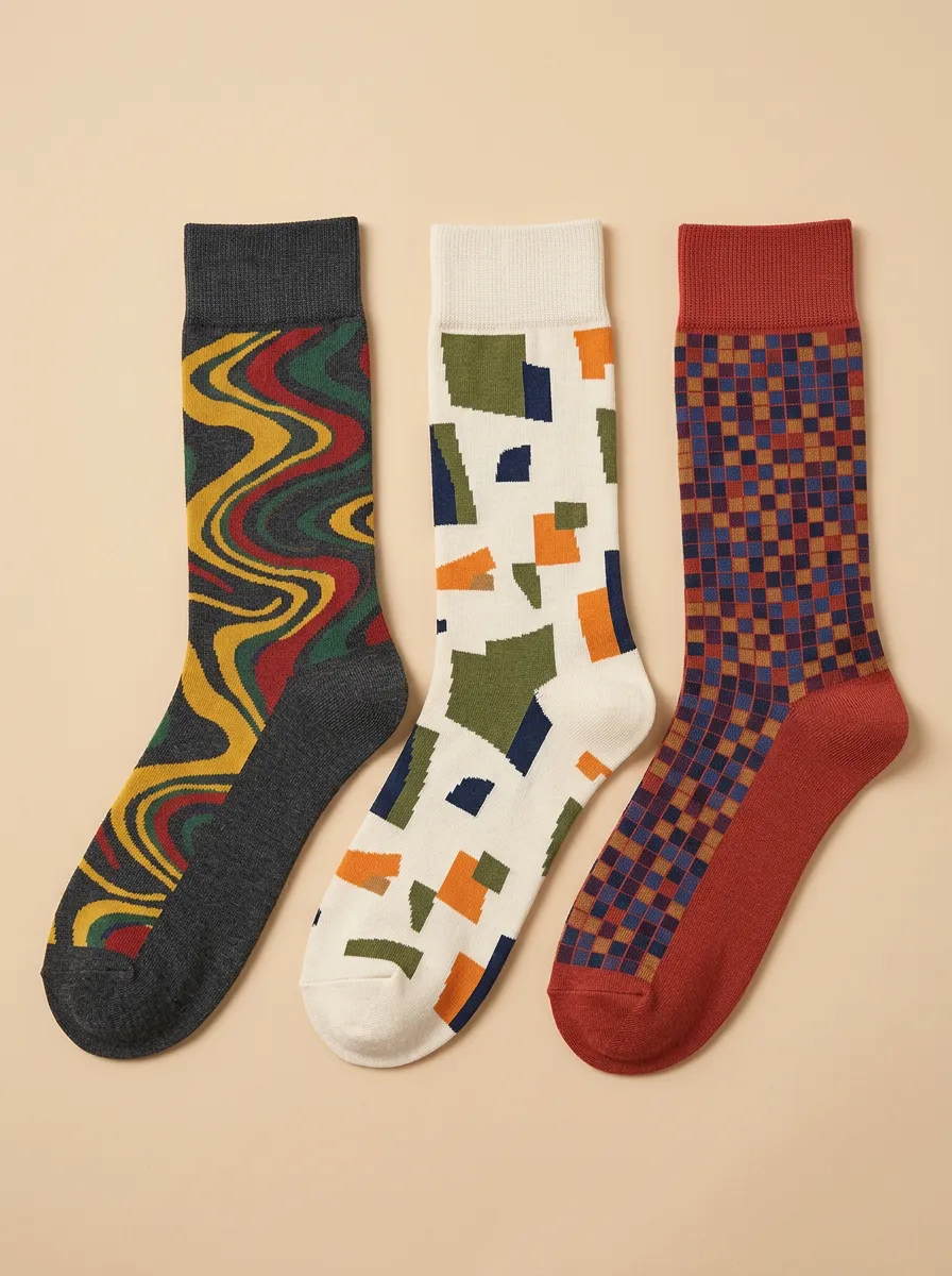 Men's Abstract Art Wavy Checkered Geometric Printed Three Pack Socks