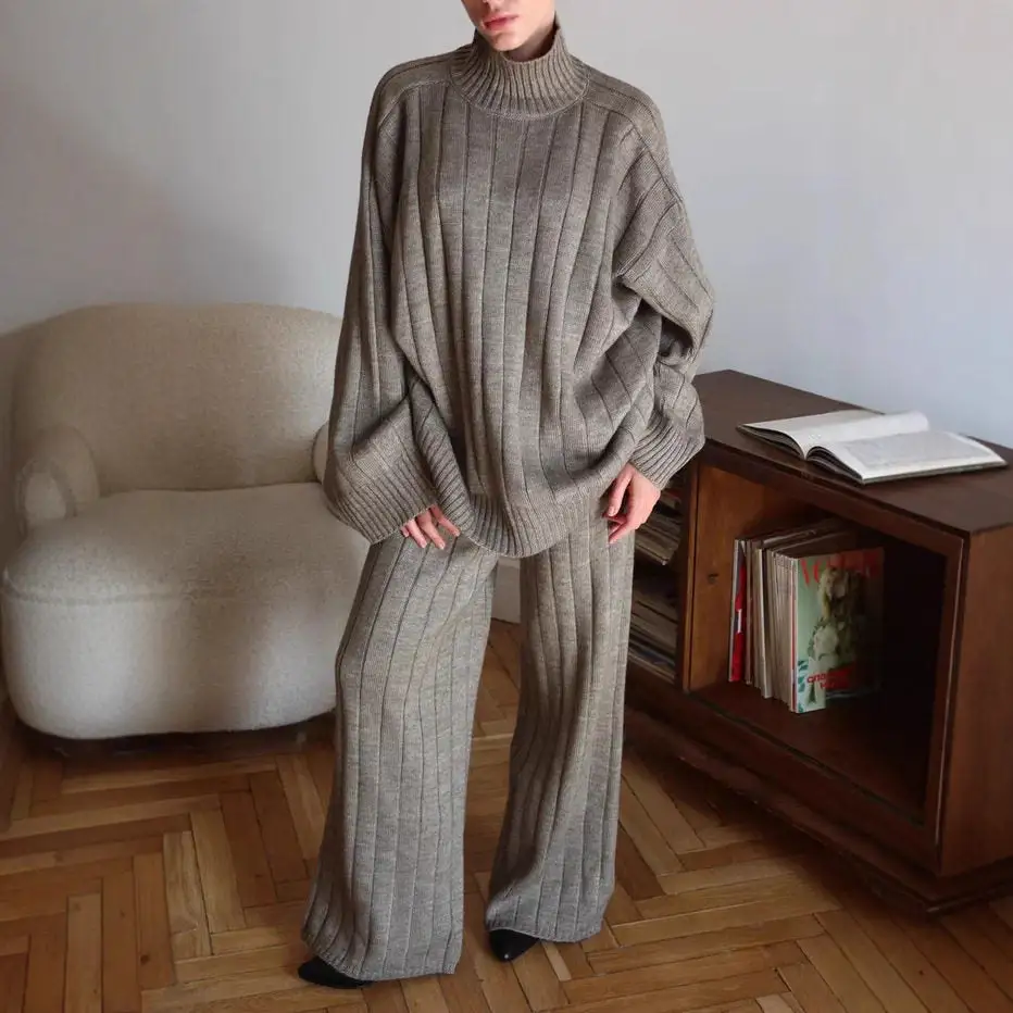 Polished Striped Sweater And Wide Leg Pants Set