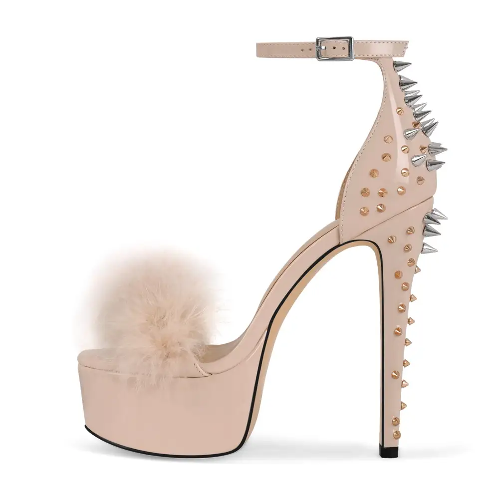 Fur Platform Rivet Ankle Strap Stiletto Sandals