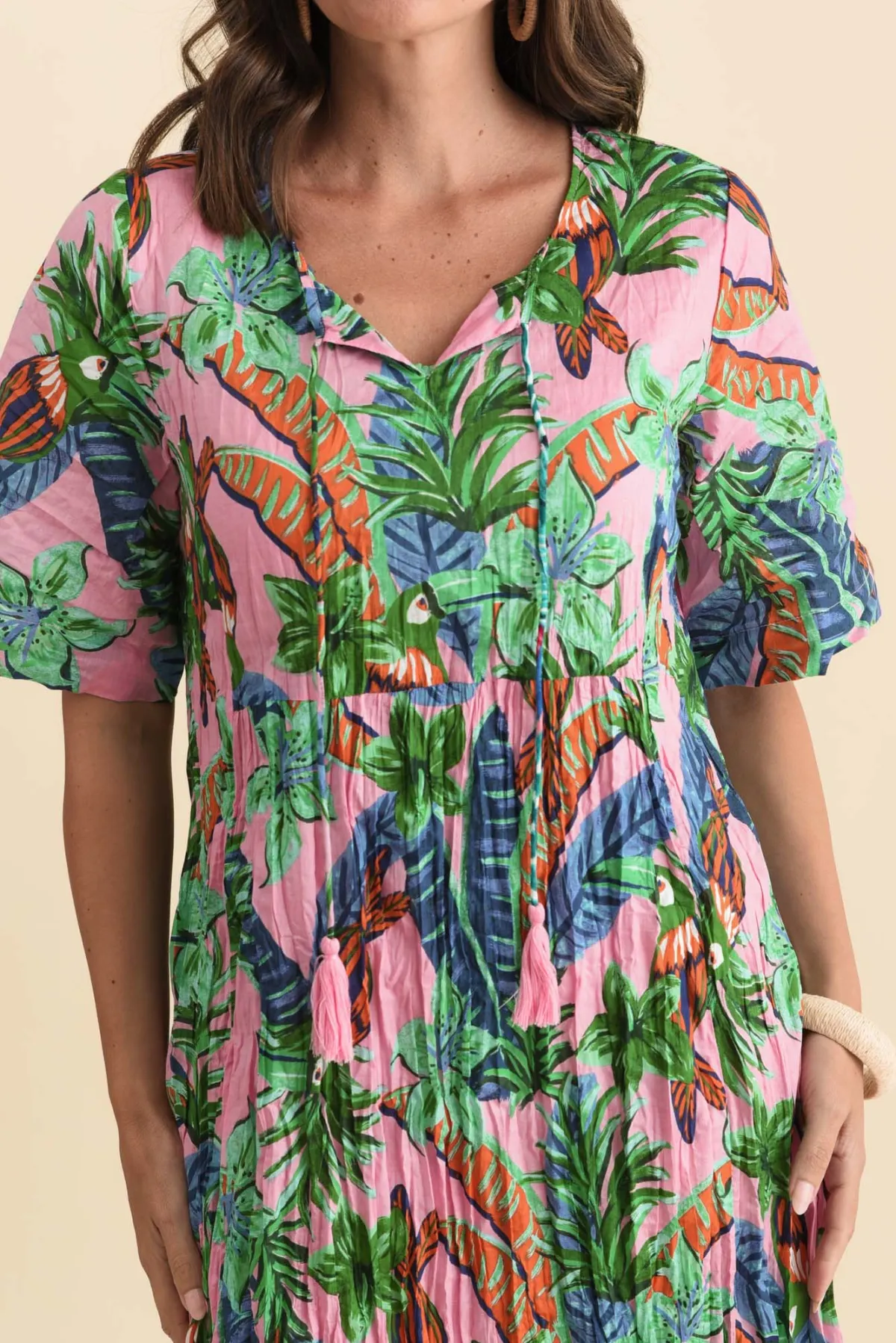 Knee-Length Floral Cotton Gathered Pocket Ruffle V-Neck Dress