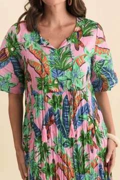 Knee-Length Floral Cotton Gathered Pocket Ruffle V-Neck Dress
