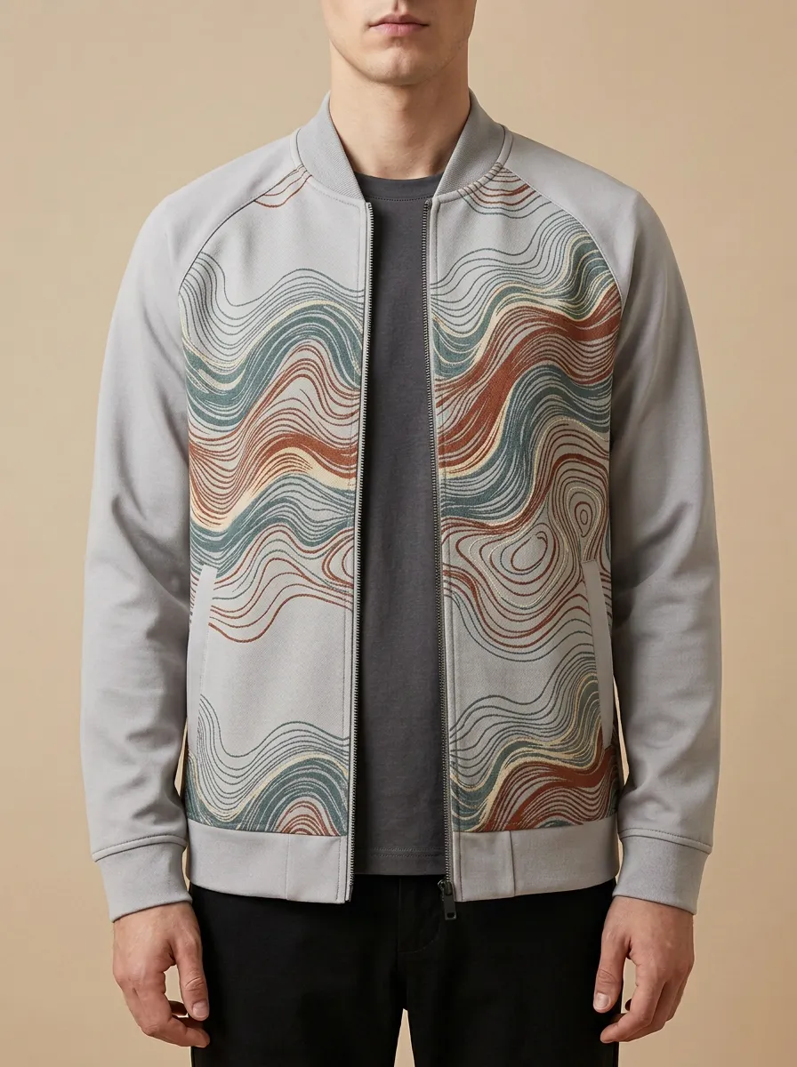 Men's Abstract Wave Pattern Printed Bomber Jacket Everyday Design