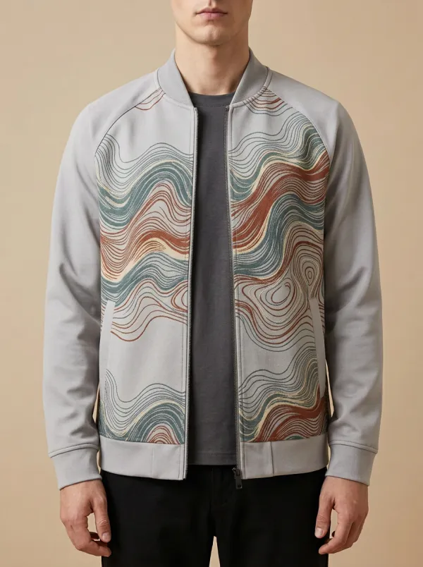 Men's Abstract Wave Pattern Printed Bomber Jacket Everyday Design