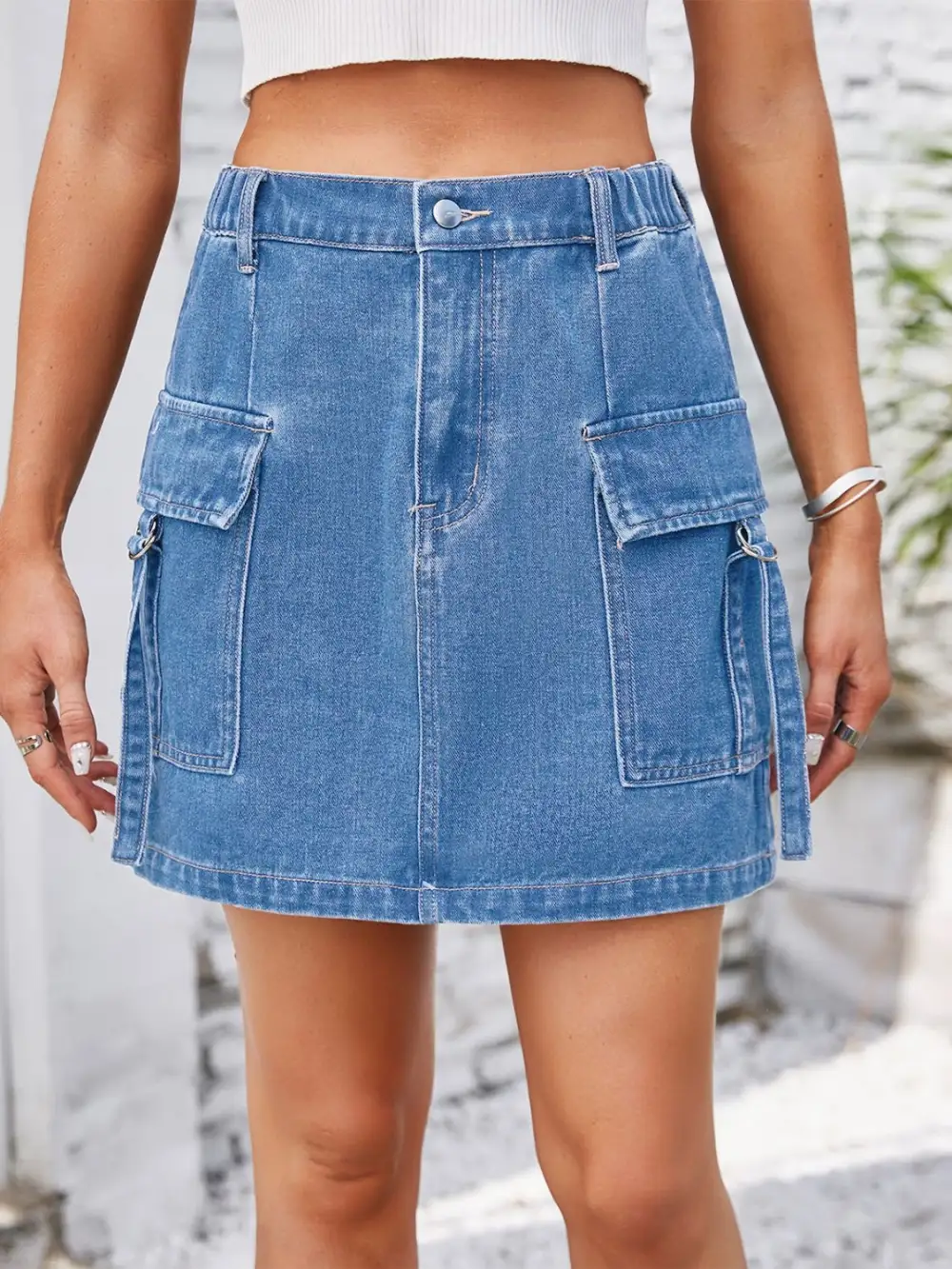 Easy Button Front Denim Detail Skirt