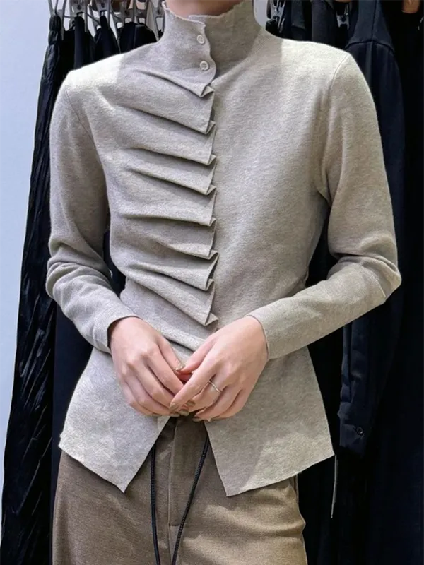 Pleated High Neck Long Sleeve Pullover Sweater