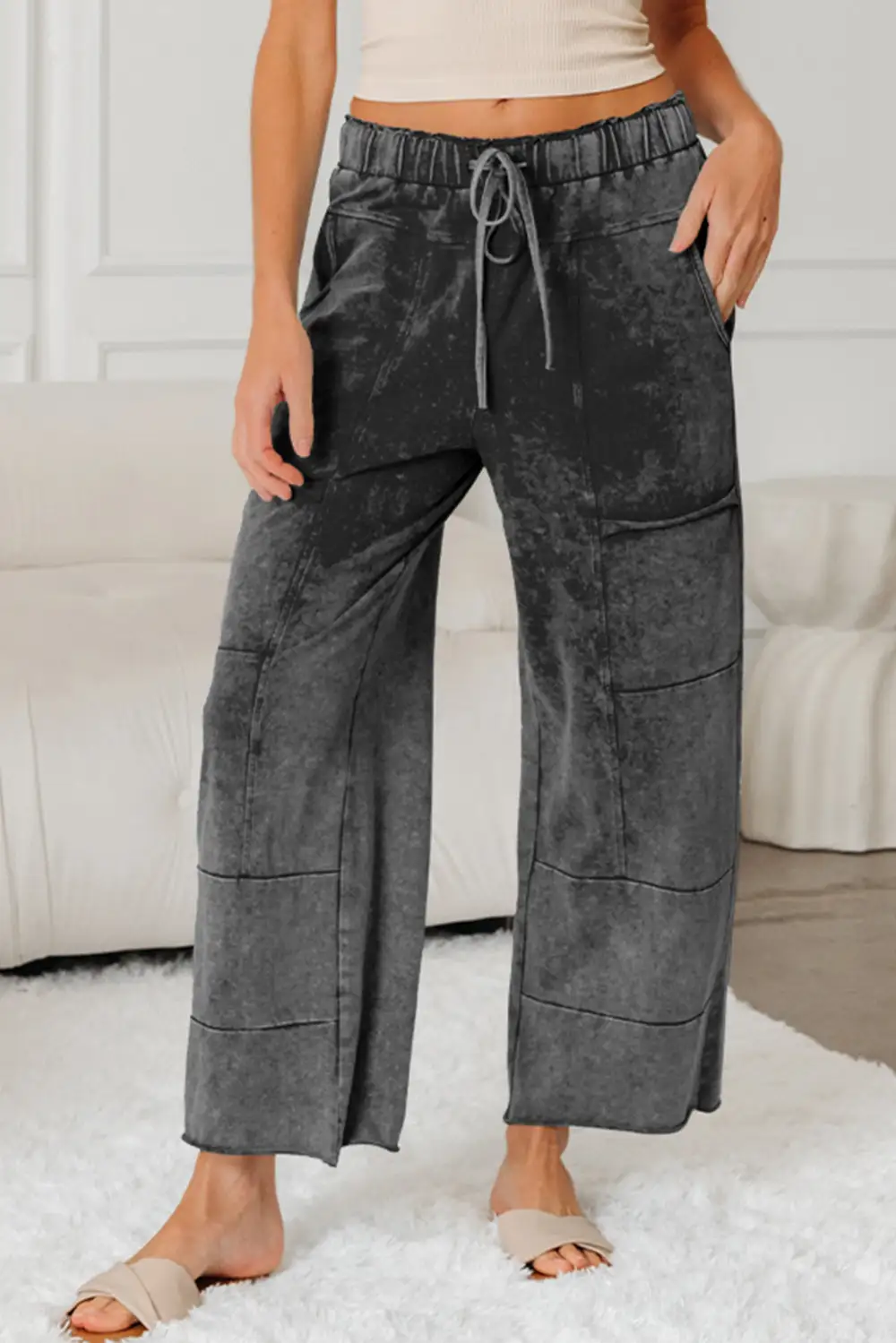 Wash Lace Up High Waist Raw Hem Patched Pocket Trousers