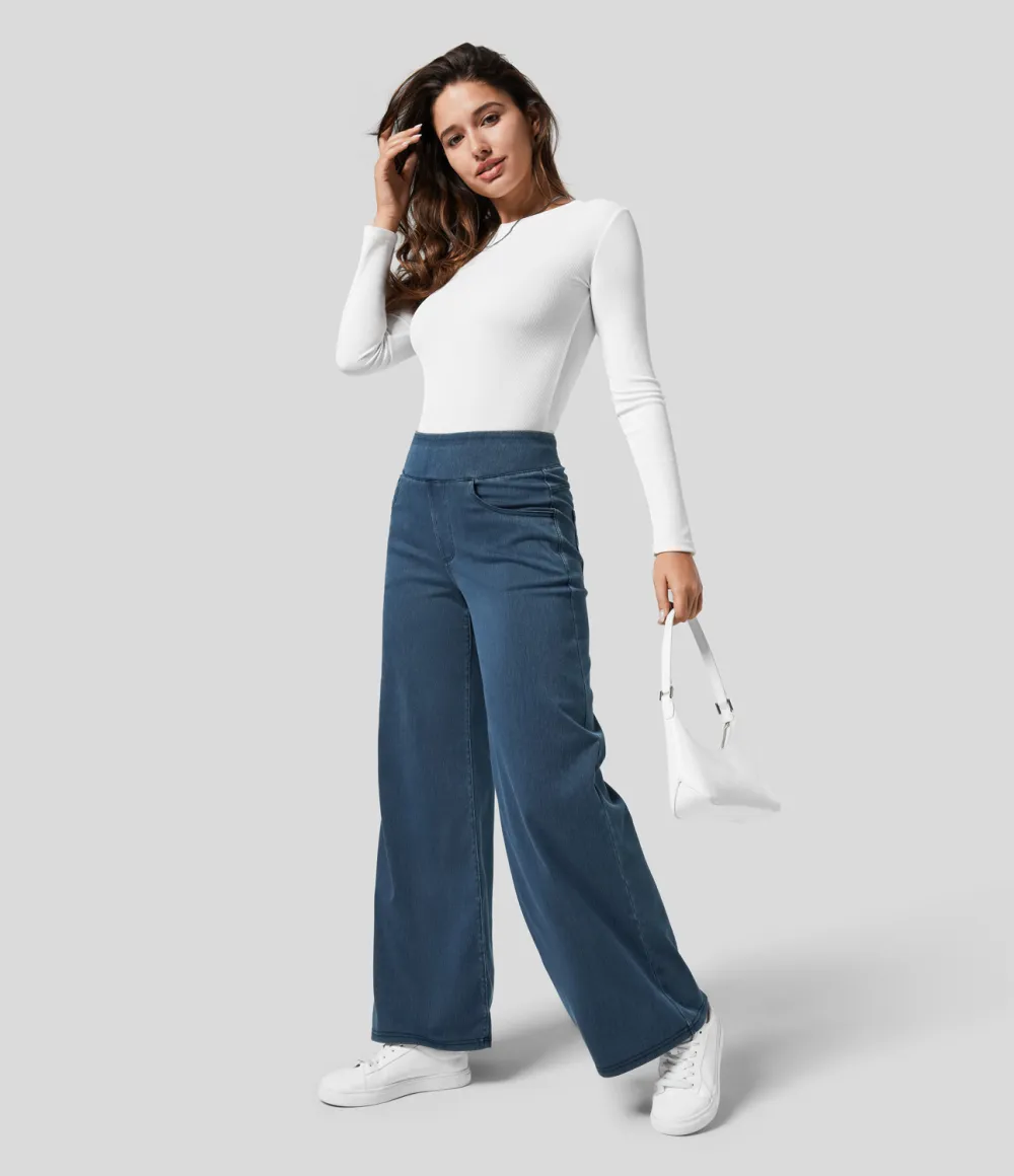 Magic High Waisted Multiple Pockets Wide Leg Loose Stretchy Knit Work Jeans