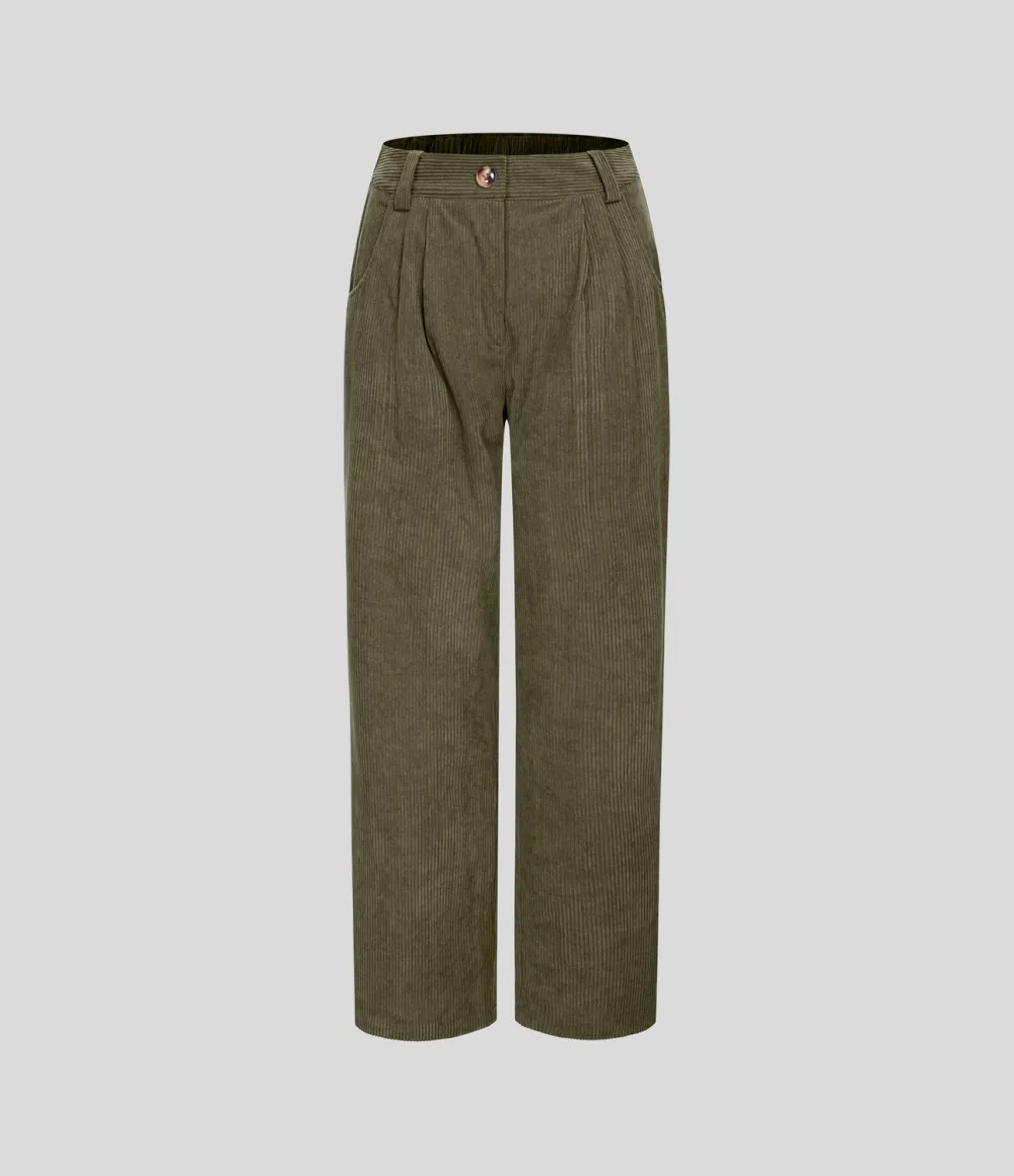 Mid Rise Button Zipper Side Pocket Corduroy Casual Pants