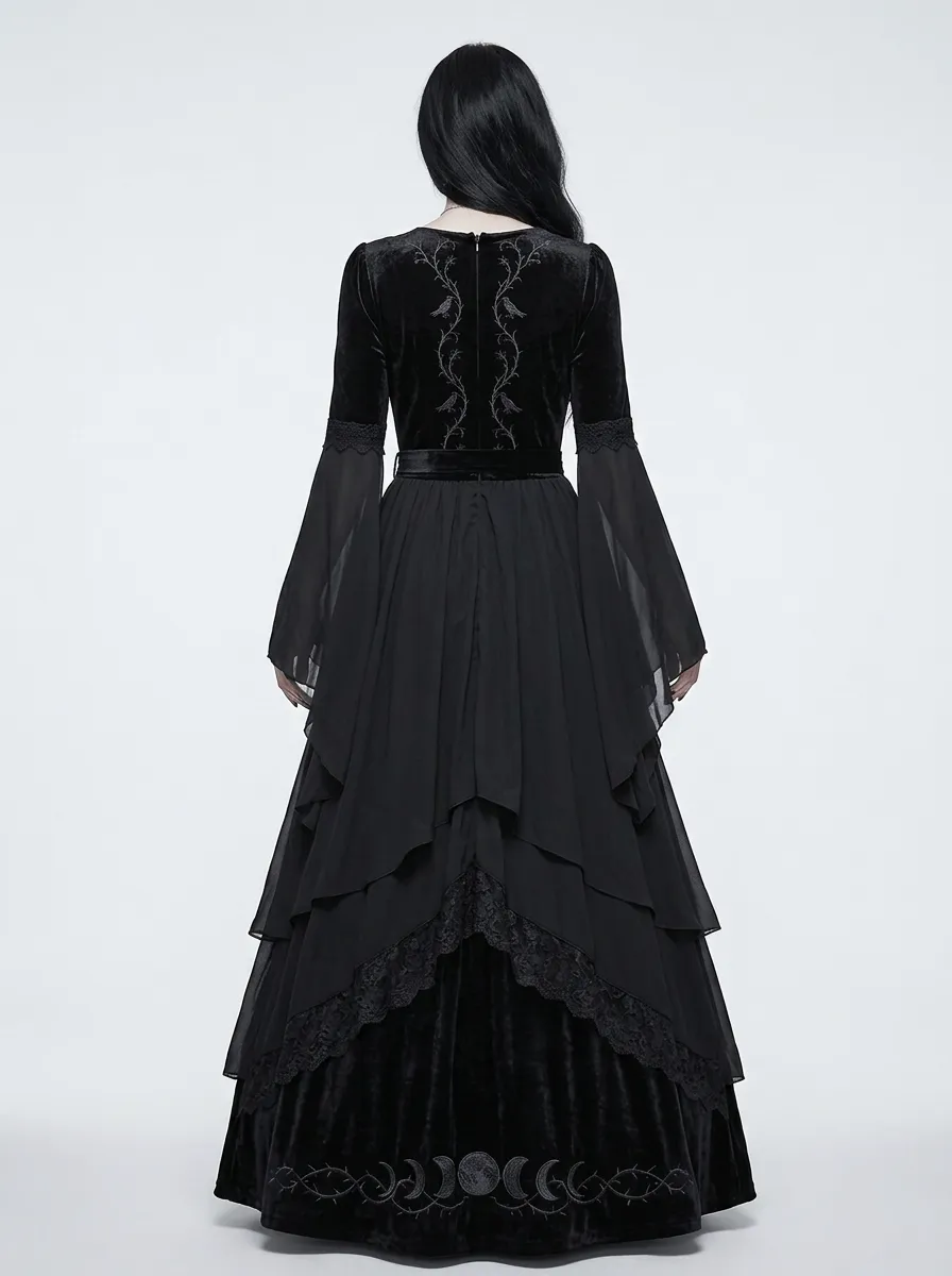 Dark Romantic Moon Raven Velvet Profile Women's Gothic Dress