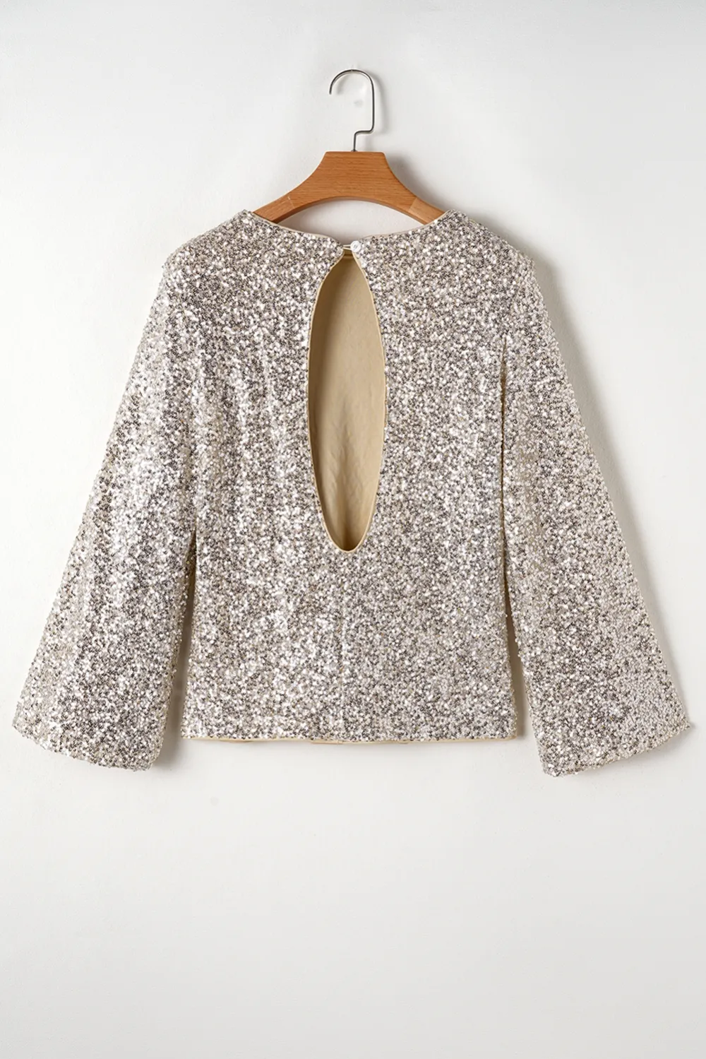 Silvery Sequin Puff Sleeve Cutout Blouse