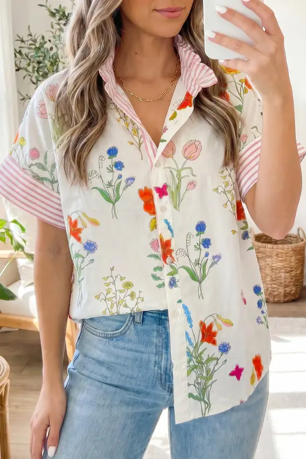 Women's Floral Print Striped Ruffle Collar Blouse