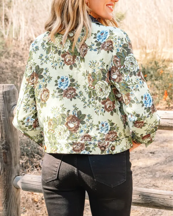 Women's Floral Print Zip Up Contrast Collared Jacket