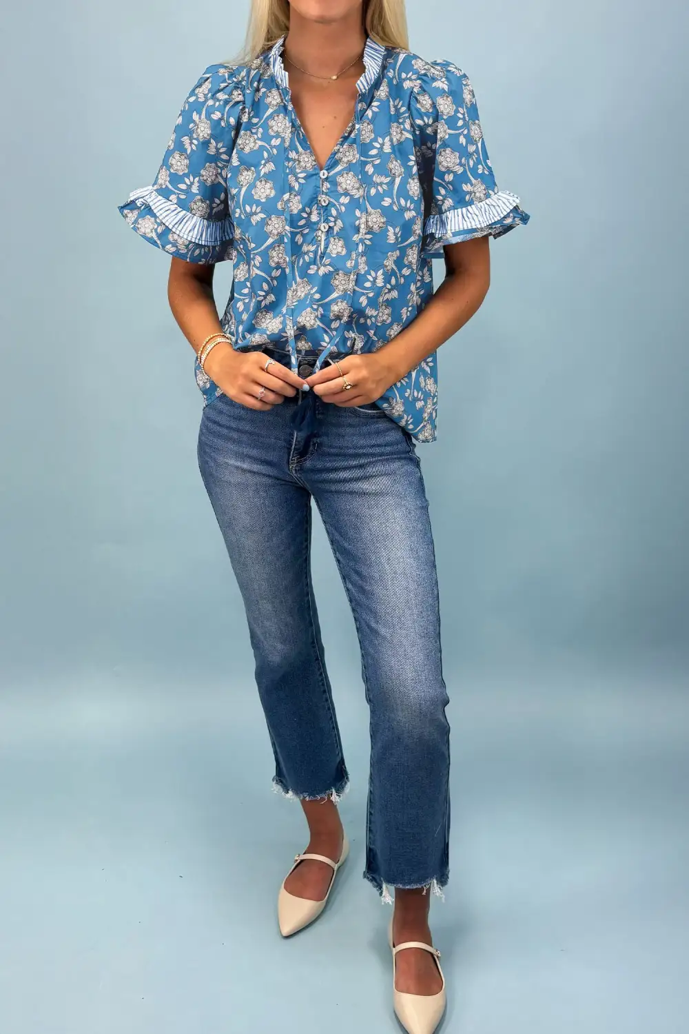 Women's Floral Print Striped Tie Neck Top
